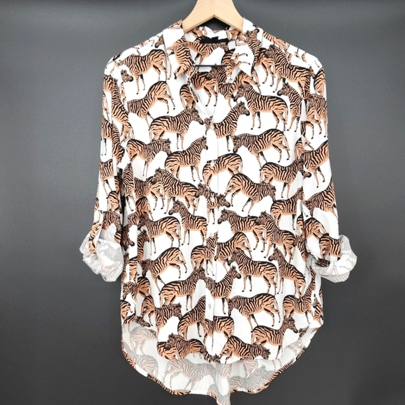 Jane & Delancey Womens Button Up Top Size‎ M Brown Zebra Print Roll Tab Eclectic - Picture 1 of 5
